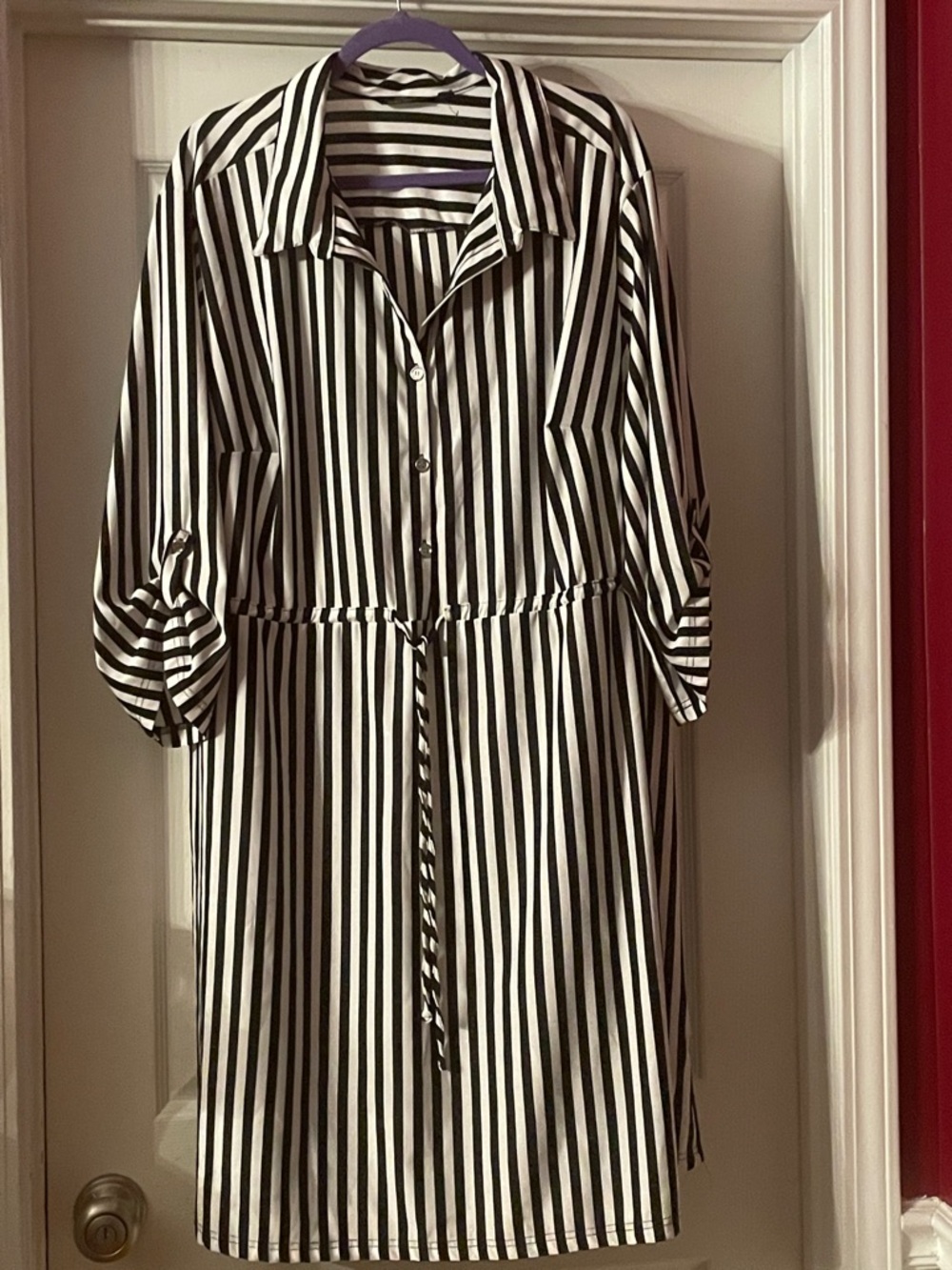 Mlle Gabrielle Black and White Vertical Stripe Midi Shirt Dress